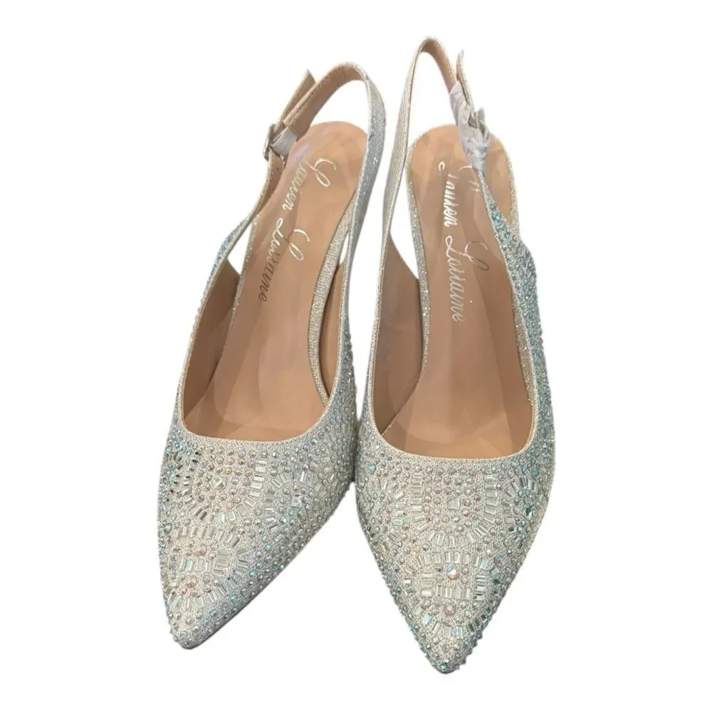 New Lauren Lorraine “Rachel” Silver Embellished Women's Slingback Heels 10